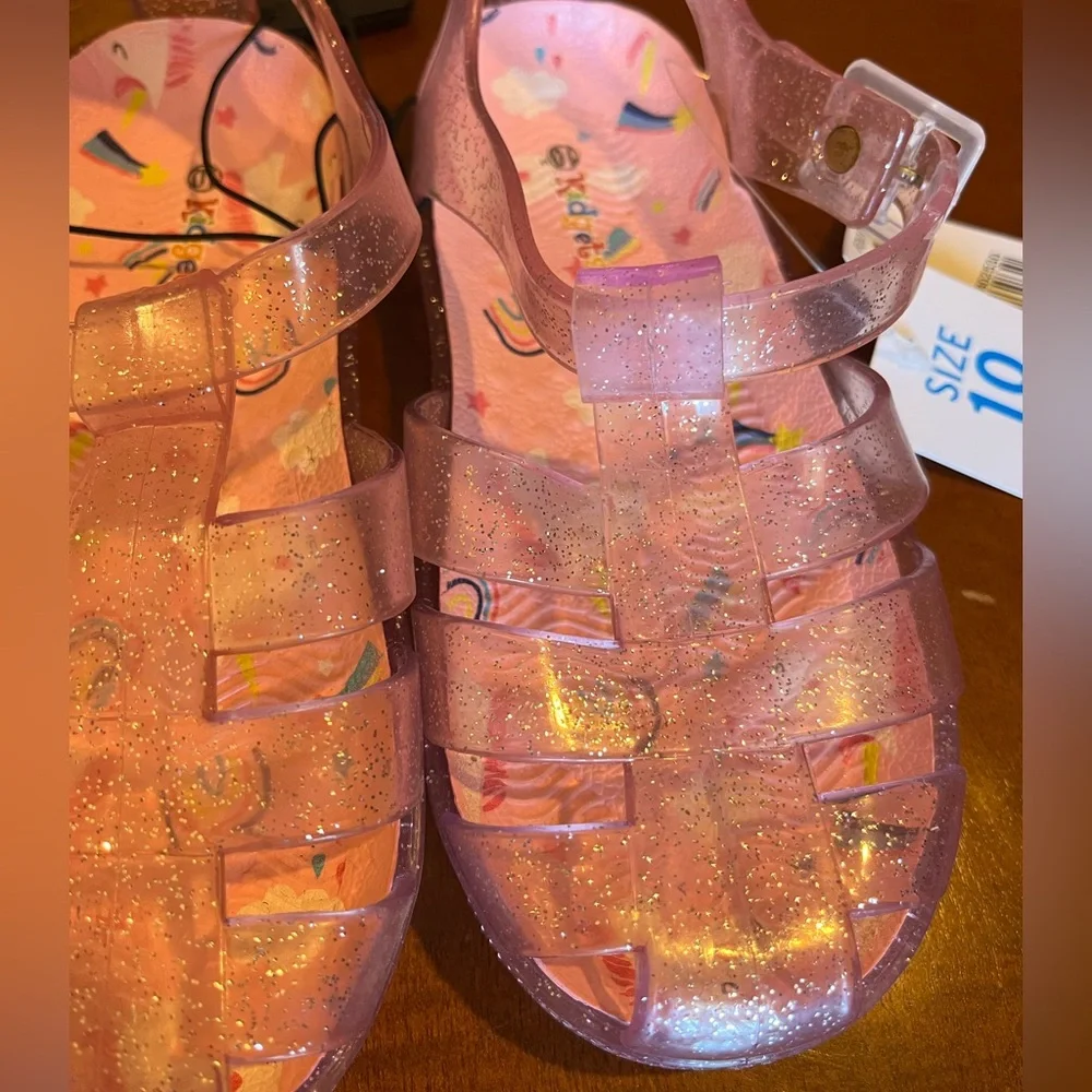 Toddler jelly pink sandals w/glitter sparkles. Unicorn pattern on insole. Sz 10
